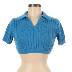 Cotton Candy LA Blue Cropped Pullover Sweater W/ Collar & Detailed Back
